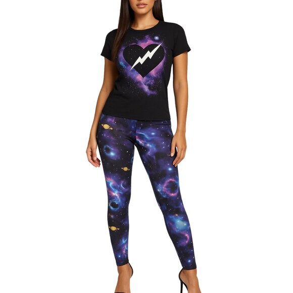GALAXY Print 2-Piece Matching Outfit Co-ord T-Shirt + Stretch Leggings Set - NEW - Picture 1 of 10